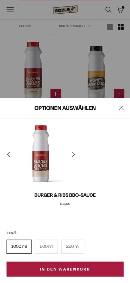 Optionen für Burger & Ribs BBQ-Sauce; Flaschen in verschiedenen Größen.