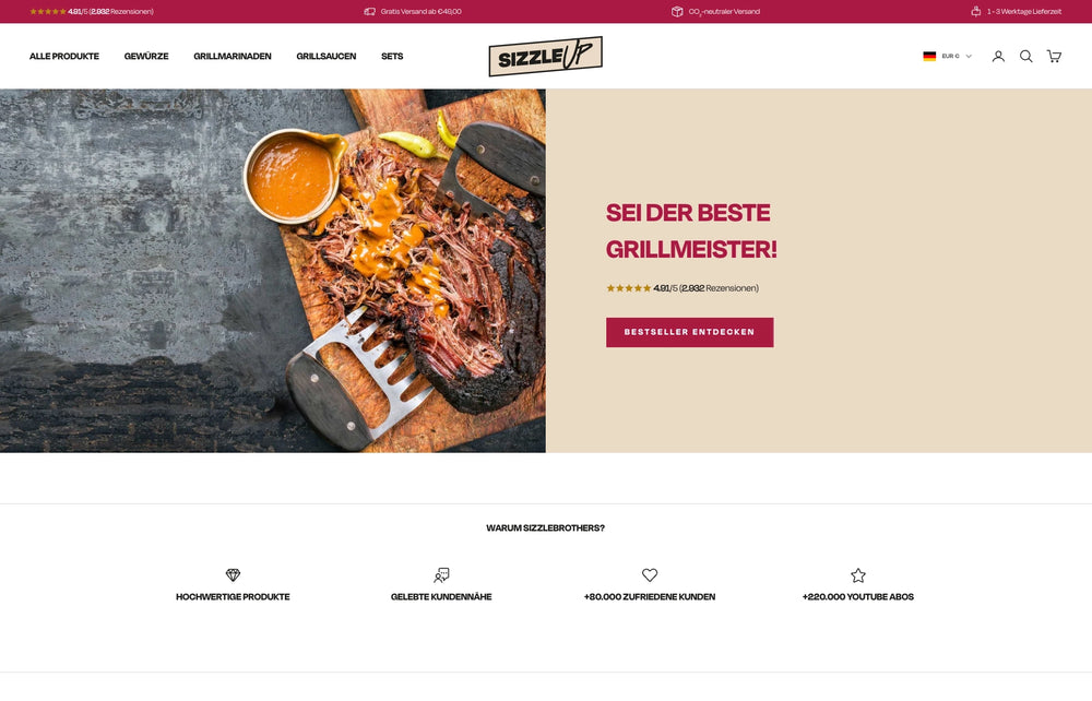 Gekochtes Fleisch mit Soße auf rustikalem Tisch, Text 'Sei der beste Grillmeister!'.