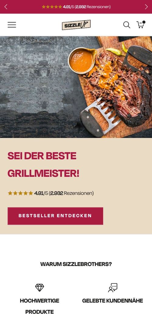 Holzbrett mit geräuchertem Fleisch und Soße. Text: Sei der beste Grillmeister.