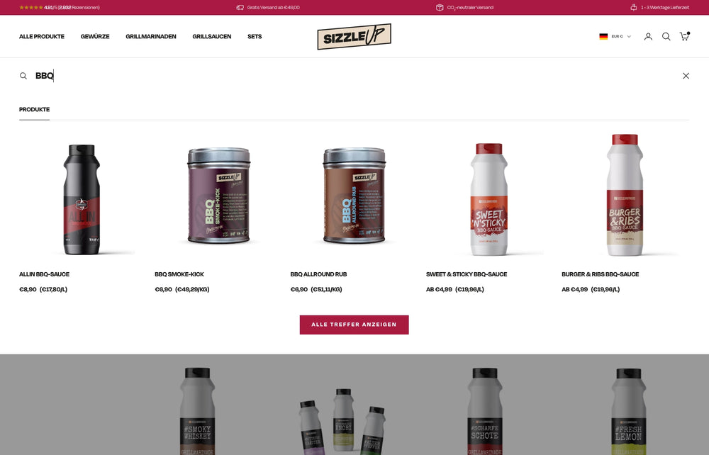 Suchergebnis für 'BBQ' mit fünf Gewürzen und Saucen auf weißem Hintergrund.