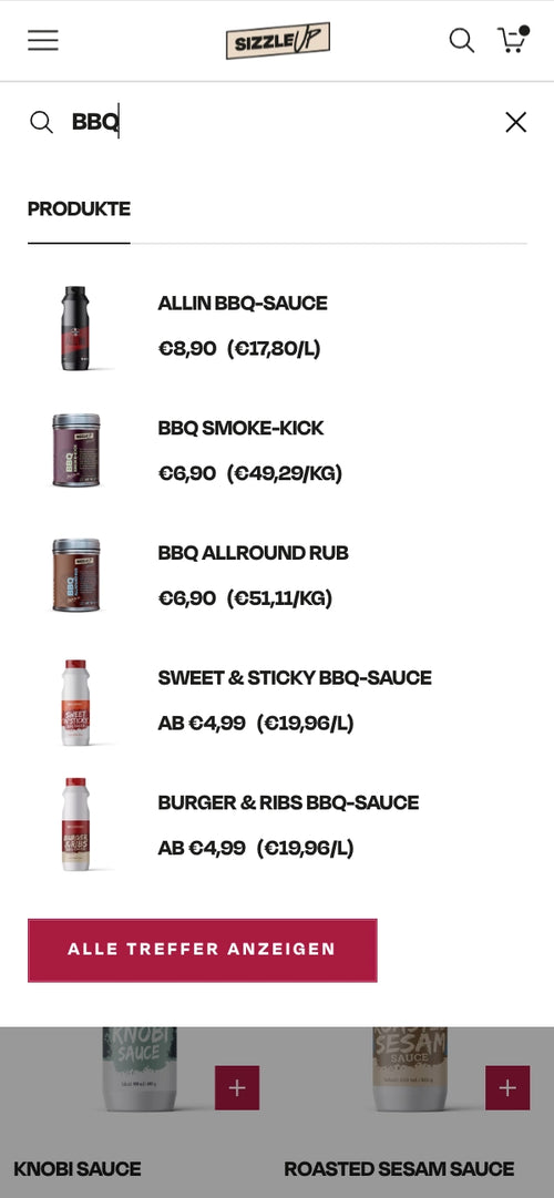 Liste von BBQ-Produkten mit Preisen und Mengenangaben.