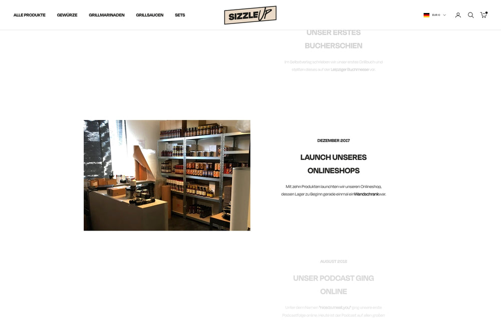 Ladeninnenraum mit Regalen voller Gewürze und Produkte, Text über Launch.