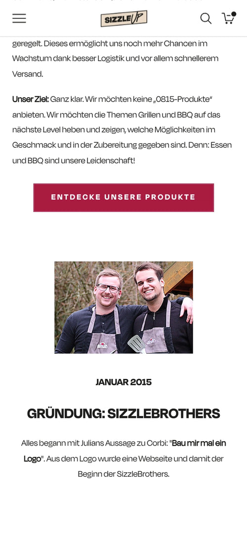 Zwei Personen lächelnd in Schürzen, mit Text über Produkte.