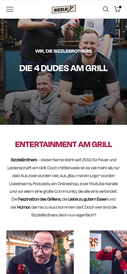 Vier Männer am Grill, mit schwarzem Text oben und in Bildern.