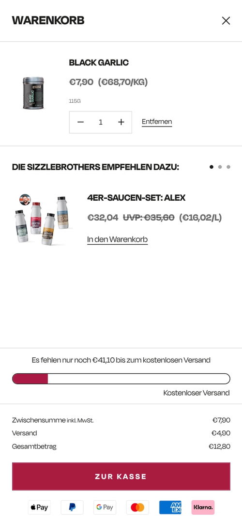 Warenkorb mit Produkt Black Garlic und Saucen-Set Empfehlungen darunter.