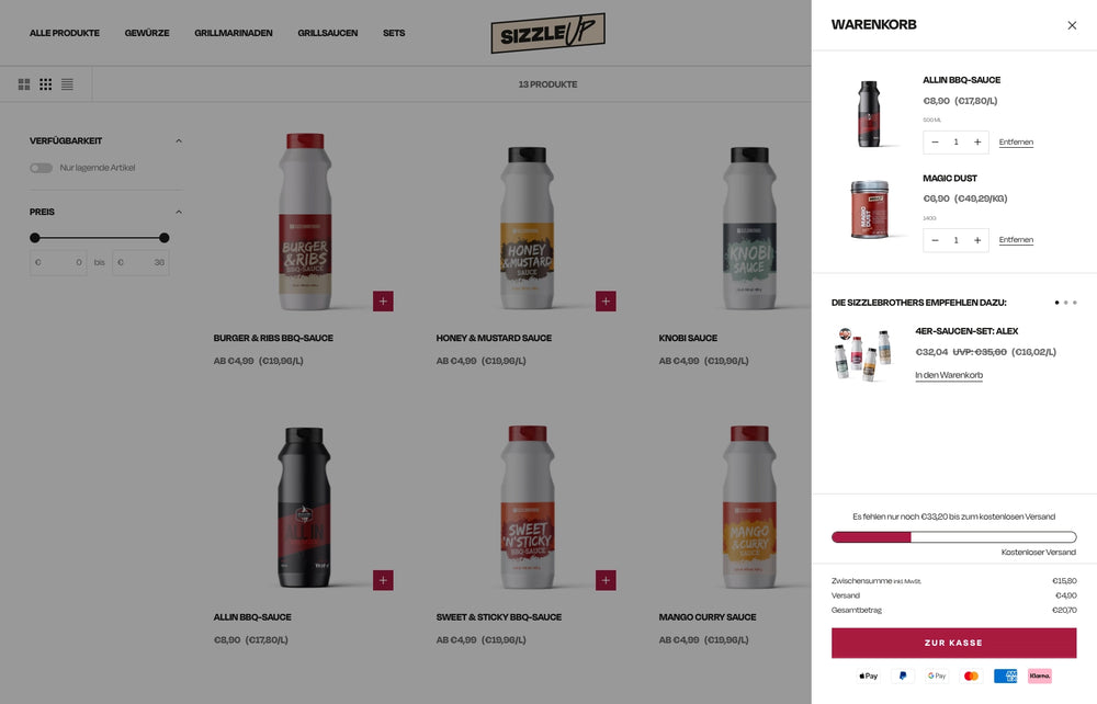 Onlineshop mit Saucen und Gewürzen, Warenkorb auf der rechten Seite.