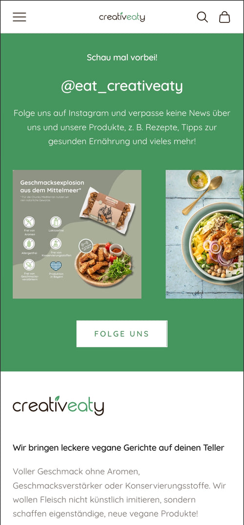 Werbung für @eat_creativeaty auf Instagram mit veganen Gerichten und Produkten.