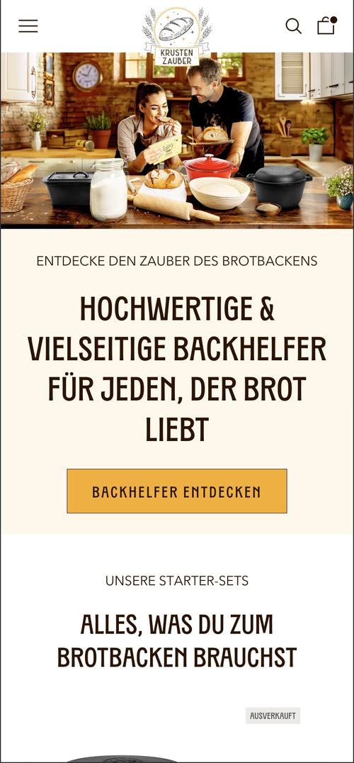 Mann und Frau lachen und probieren Brot in einer gemütlichen Küche mit Brotbackzubehör.