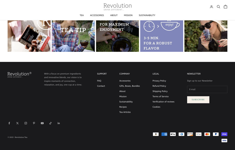 Seitenfuß mit Informationen und sozialen Medien-Icons auf schwarzem Hintergrund.