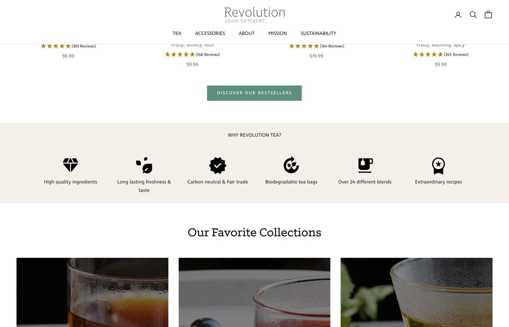 Webseite mit Icons zu Qualität, Auswahl, Nachhaltigkeit.