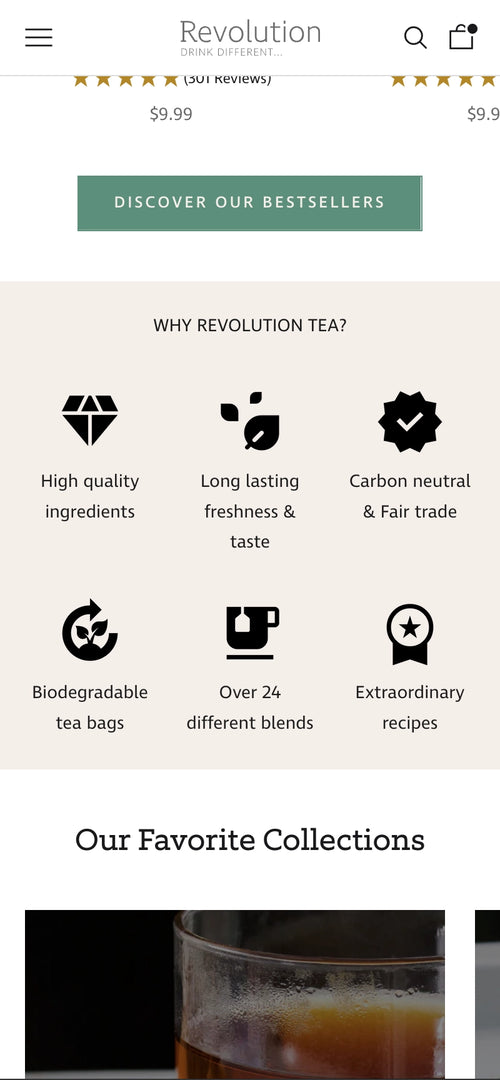 Symbole zur Darstellung von Qualitätszutaten, langanhaltendem Geschmack, CO2-Neutralität, biologisch abbaubaren Teebeuteln, verschiedenen Mischungen und Rezeptv