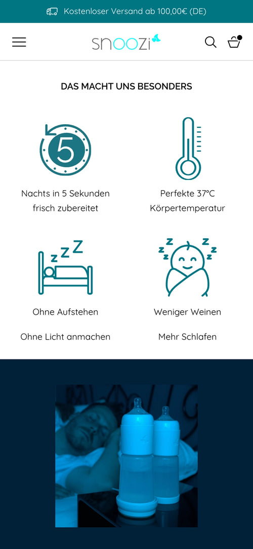 Symbole mit Text: 5 Sekunden Zubereitung, 37°C Körpertemperatur, weniger Weinen, mehr Schlafen.
