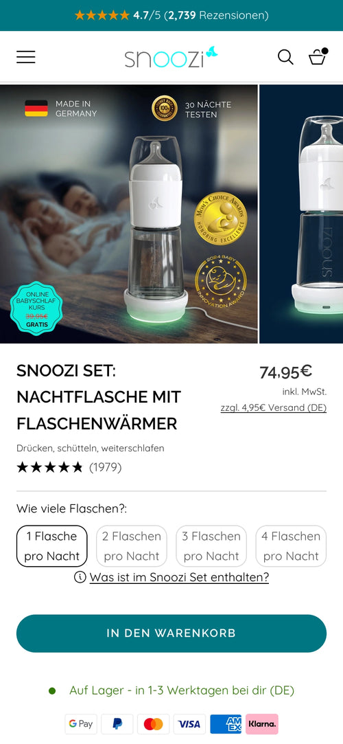 Nachtflaschen-Set mit Flaschenwärmer, Preis 74,95€, Option zur Auswahl der Anzahl an Flaschen.