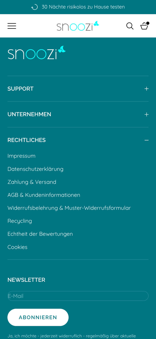 Website-Menü mit Kategorien wie Support, Unternehmen, Rechtliches.
