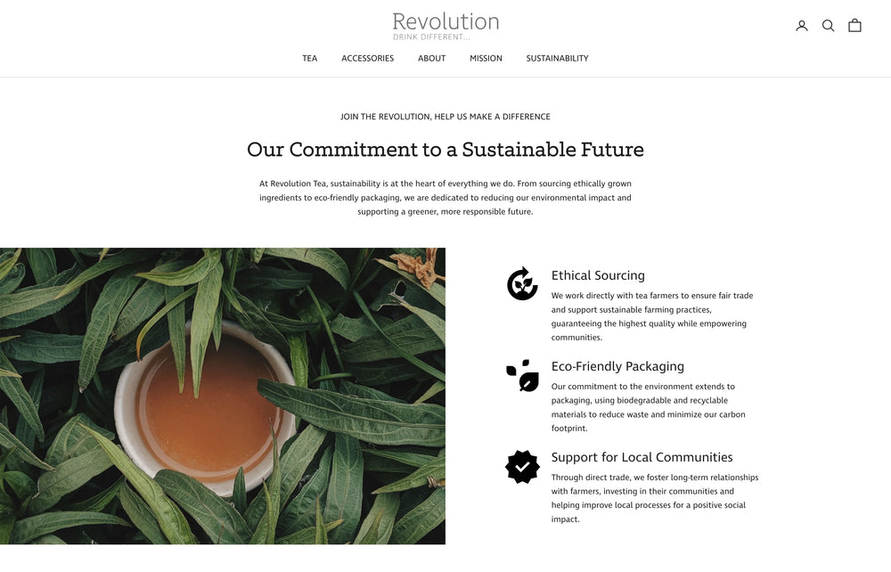 Seite über Nachhaltigkeit mit Tasse Tee in einem Blattdach und drei Prinzipien.