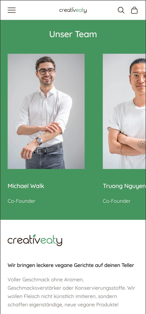Zwei Co-Founder, Michael Walk und Truong Nguyen, nebeneinander mit Beschreibung der Unternehmenskultur.