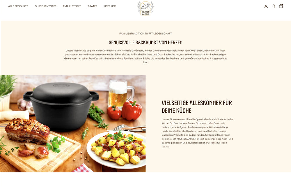 Gekochter Schweinebraten und geröstete Kartoffeln neben schwarz glänzendem Topf.