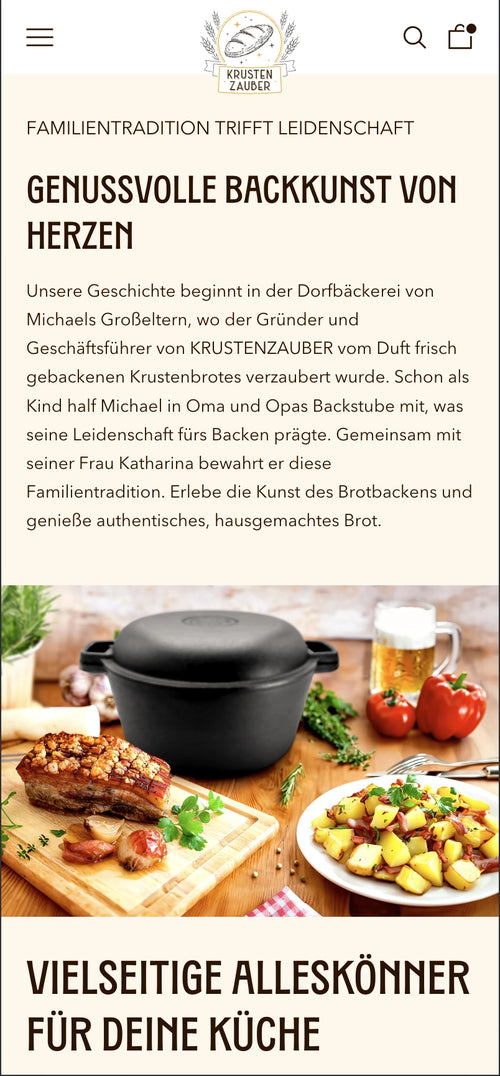 Table with pot and food. Text: Genussvolle Backkunst von Herzen. Vielseitige Alleskönner.