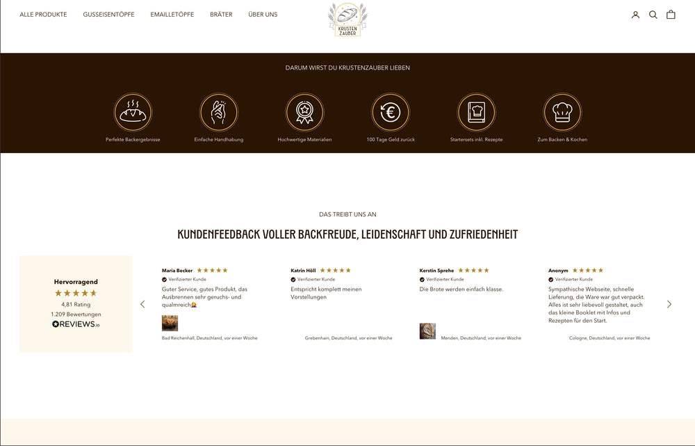 Webseite mit Kundenbewertungen und fünf Sternen für Backfreude und Zufriedenheit.