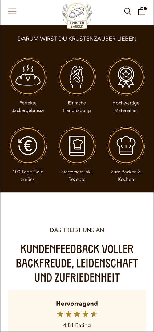 Icons zeigen Backergebnisse, Handhabung, Materialien, Geld zurück und Rezensionen mit Text.