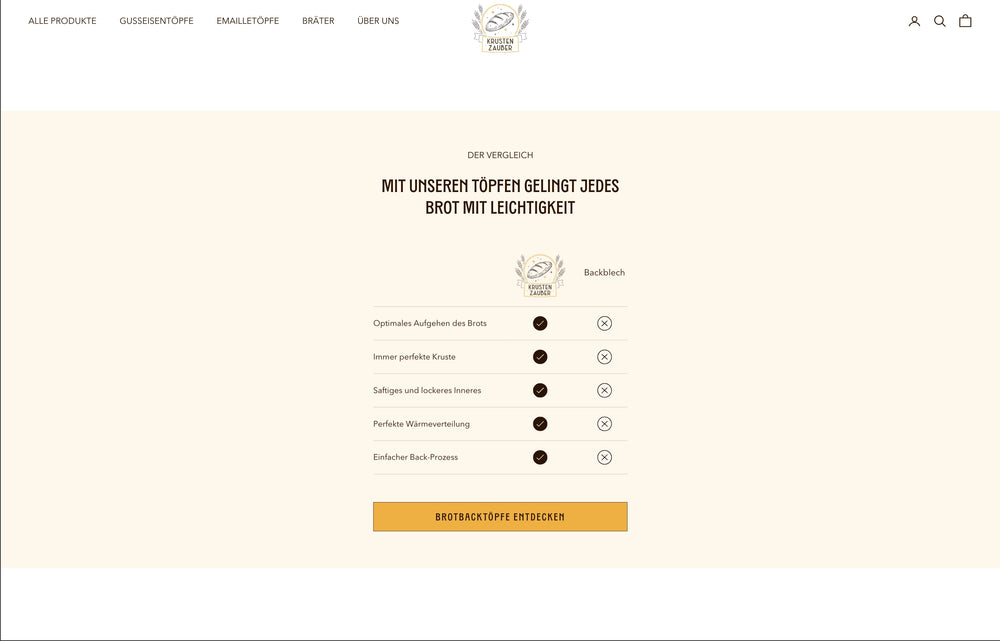 Webseite mit Vergleichstabelle für Töpfe, hervorgehobener Button 'Produktseite entdecken'.