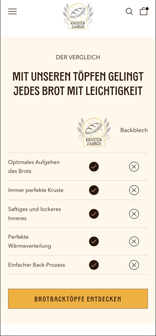 Vergleich von Topf und Backblech mit Vorteilen von Topf, darunter Brotbacktöpfe entdecken Button.