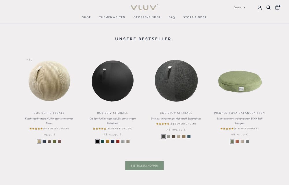 Vier Bestseller-Produkte, darunter BOL VLIP Sitzball.