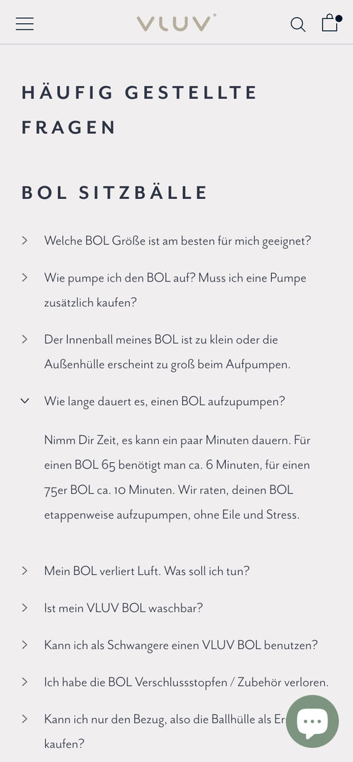 Häufig gestellte Fragen zu BOL Sitzbällen mit Antworten zu Aufpumpzeit und weiteren Themen.