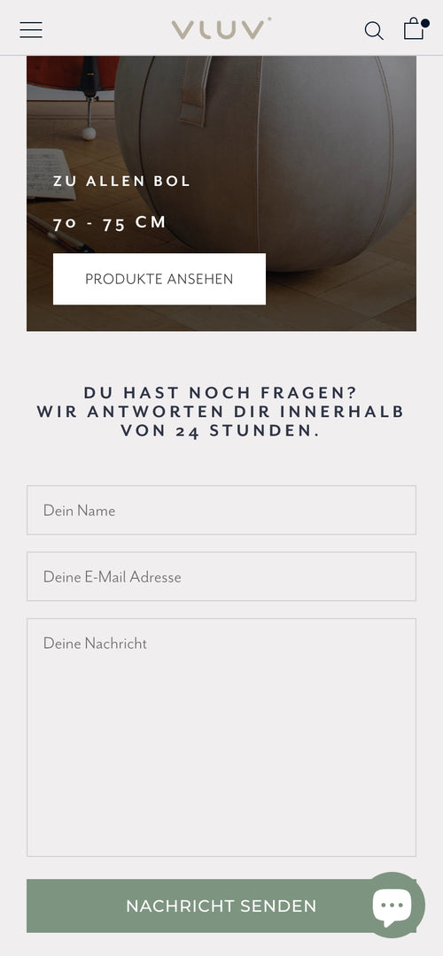 Kontaktformular mit Feldern für Name, E-Mail, Nachricht, Hinweis auf Rückantwort in 24 Stunden.