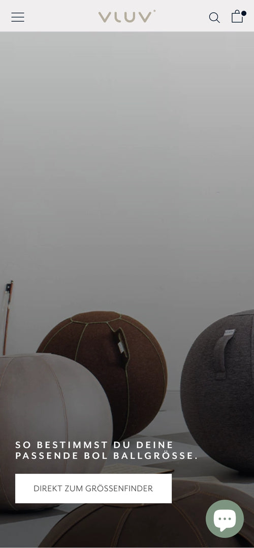 Verschiedene Sitzball-Größen auf grauem Hintergrund mit Hinweis auf Größenfinder.
