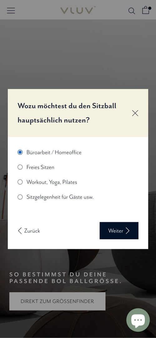 Auswahlmenü: Wozu möchtest du den Sitzball nutzen? Optionen: Büroarbeit, Freies Sitzen, Workout.