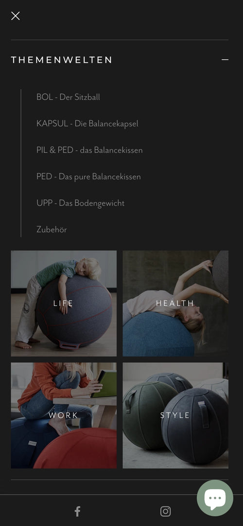 Schwarzer Hintergrund, Themenwelten und Balance-Produkte mit Bildern von Menschen auf Bällen.