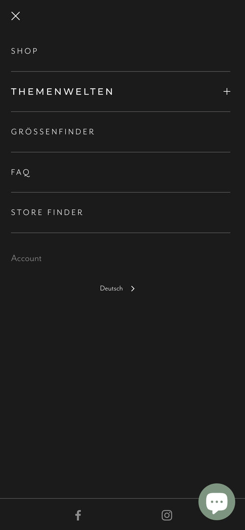 Schwarzes Menü mit Optionen: Shop, Themenwelten, Größenfinder, FAQ, Store Finder, Account.