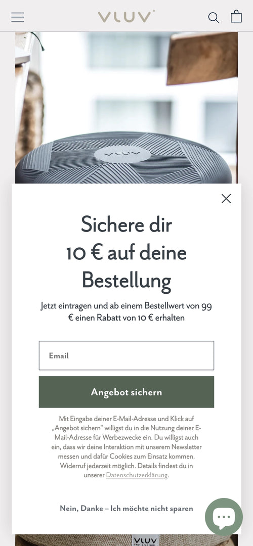 Angebot: Sichere dir 10 € auf deine Bestellung, E-Mail-Feld vorhanden.