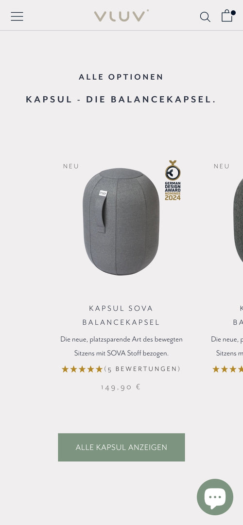 Zwei Balancekapseln, KAPSUL SOVA, Text über neuen Sitzstil, Preis 149,90 €, 5 Bewertungen.