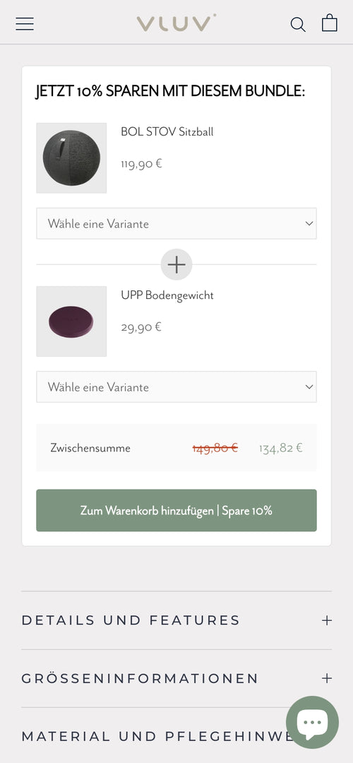Sitzball und Bodengewicht im Bundle für 134,82 €, Button Zum Warenkorb hinzufügen.