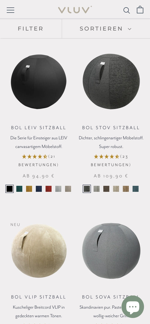 Verschiedene Sitzbälle in Grautönen und Beige, ab 94,90 €, Bewertungen angezeigt.