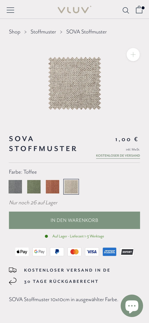 SOVA Stoffmuster für 1 Euro, Farbe Toffee, nur 26 auf Lager, Versandoptionen unten.