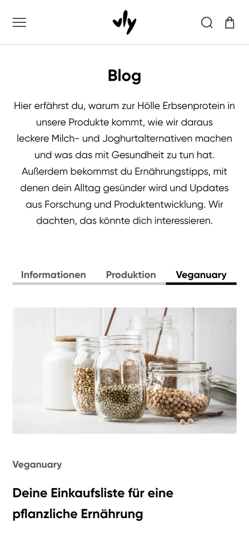 Blogtext über Erbsenprotein und pflanzliche Ernährung mit Bild von Gläsern mit Körnern.