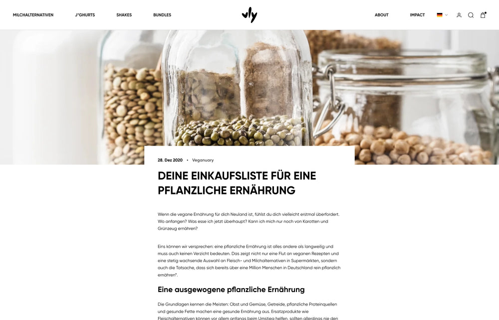 Verschiedene Samen in Gläsern hinter dem Text: 'Deine Einkaufsliste für eine pflanzliche Ernährung'.