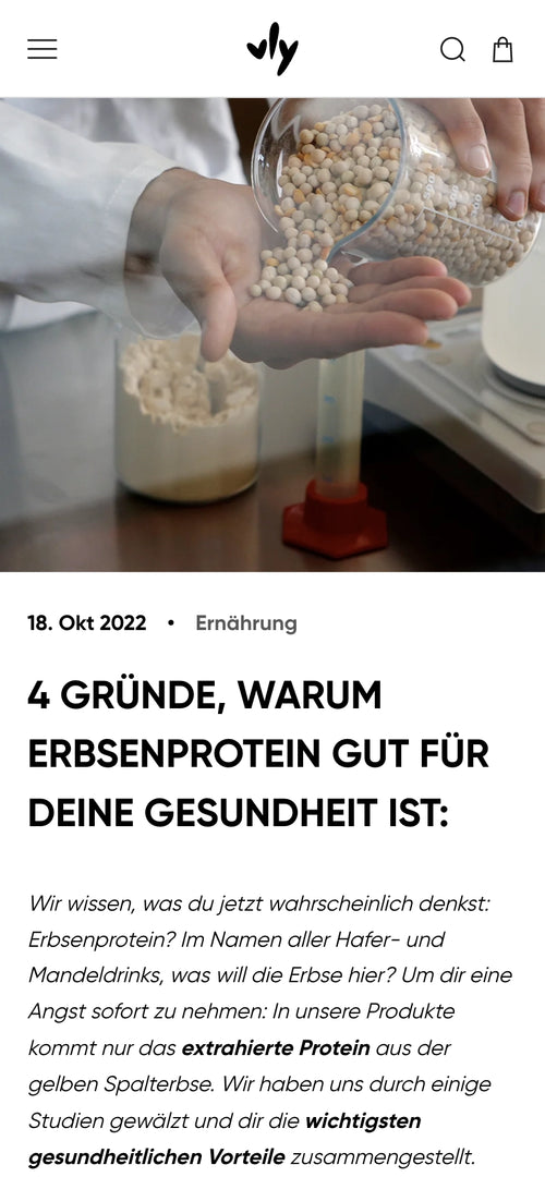 Hand legt Erbsen aus einem Glas in eine Schale; Text über Erbsenprotein.