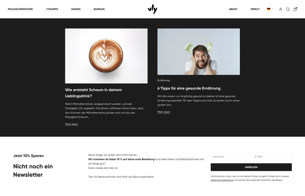 Zwei Artikelvorschauen mit Überschrift und einem Abonnementformular.