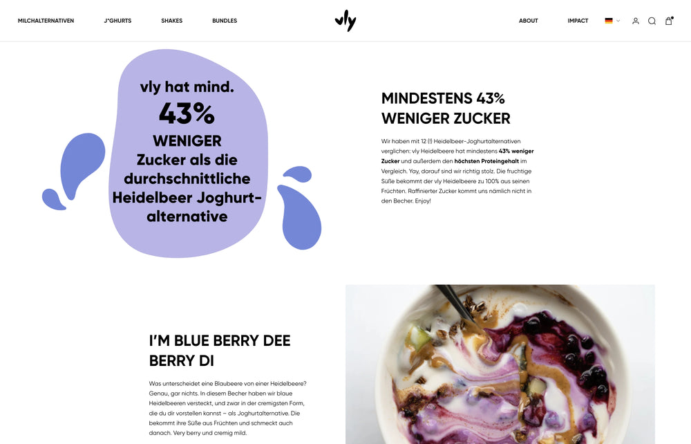 Lila Textblock und Bild einer Schüssel mit Heidelbeer-Joghurt.