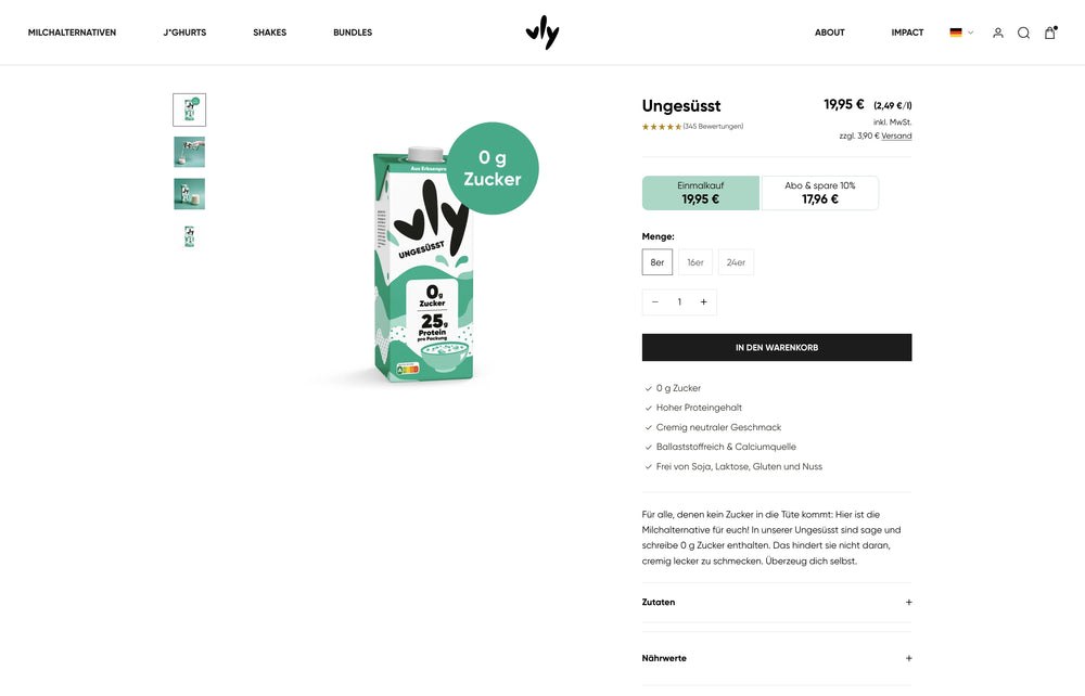 Kartongestaltung mit 0 g Zucker Aufschrift in Weiß und Grün, Preis 19,95 €.