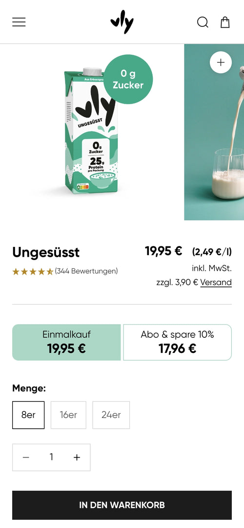 Produkt Ungesüßt mit 0 g Zucker und Preisoptionen: 19,95€ Einzelkauf, 17,96€ Abo.
