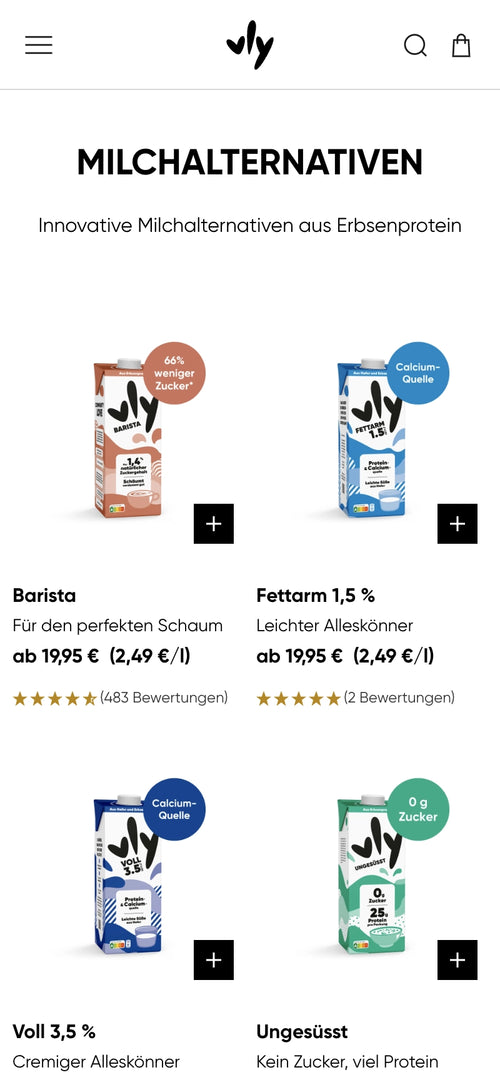 Milchalternativen aus Erbsenprotein: Barista, Fettarm 1,5 %, Voll 3,5 %, Ungesüßt.