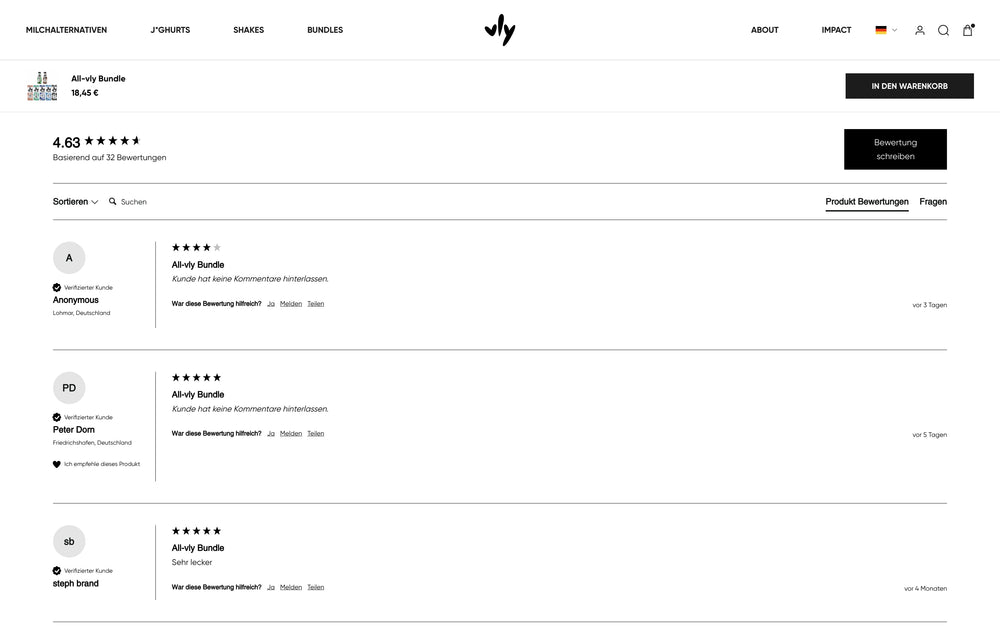 Produktbewertungsliste mit Durchschnittsbewertung von 4,63 Sternen.