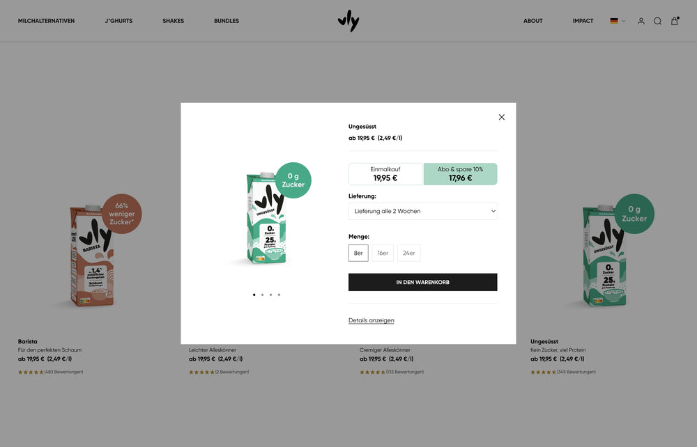 Einkaufsfenster mit Details zu einem grünen Getränkekarton, Preis und Menge.