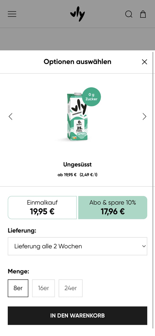 Produktseite für ungesüßtes Getränk mit Kaufoptionen und Abopreisen.