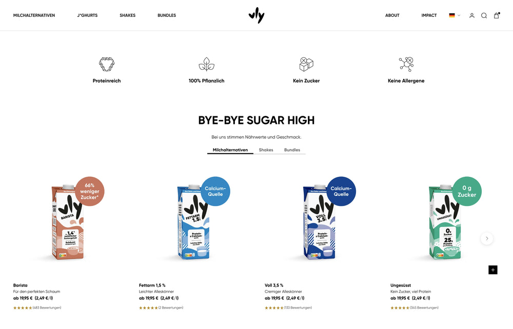 Produkte in verschiedenen Farben. Text 'Bye-bye Sugar High' mit Beschreibungen darunter.